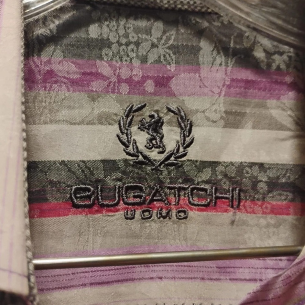 Bugatchi Uomo Men's Button Down Shirt Purple Gray Silver Stripe Unique Formal - Picture 2 of 4